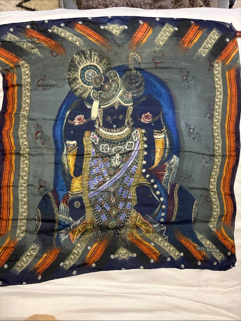 Ritu Kumar designer Navy and Orange Printed Silk Scarf nwt - Picture 2 of 5